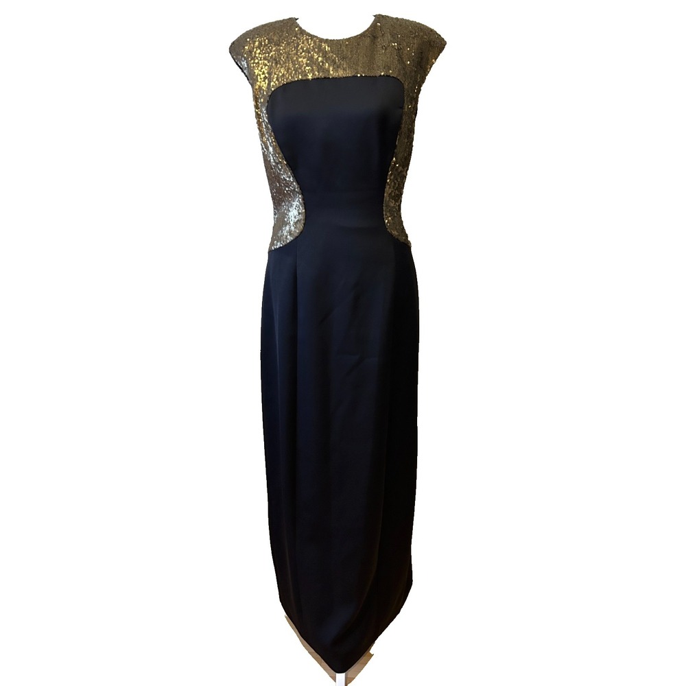 Ted‎ Baker London Langley Gown Maxi Dress Size 2 Black Gold Sequins Holiday HOCO